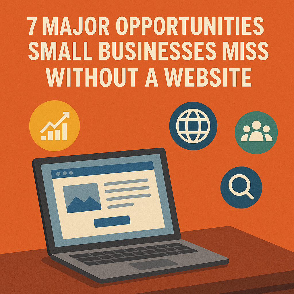 Flat design illustration of a laptop displaying a website surrounded by digital icons, representing missed opportunities for small businesses without a website.