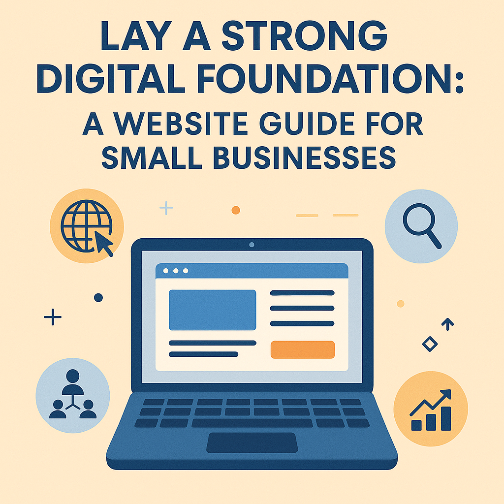 Flat-style illustration of a laptop displaying a website, surrounded by digital icons, symbolizing the foundation of online presence for small businesses.
